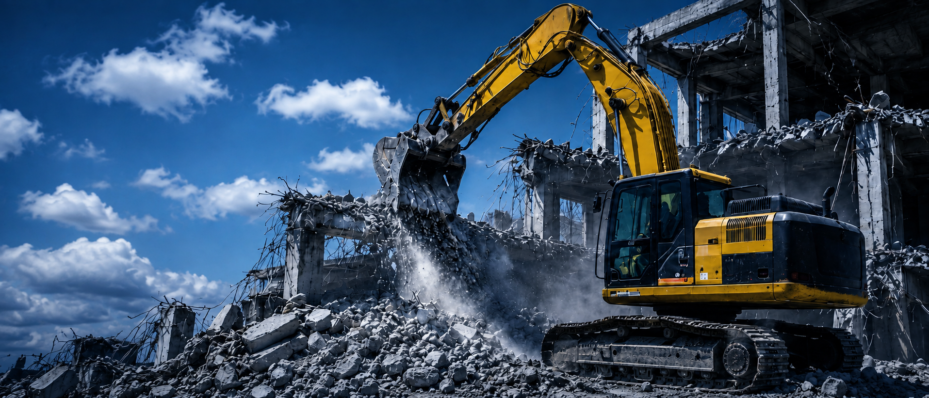 Excavator performing structural demolition on a concrete building