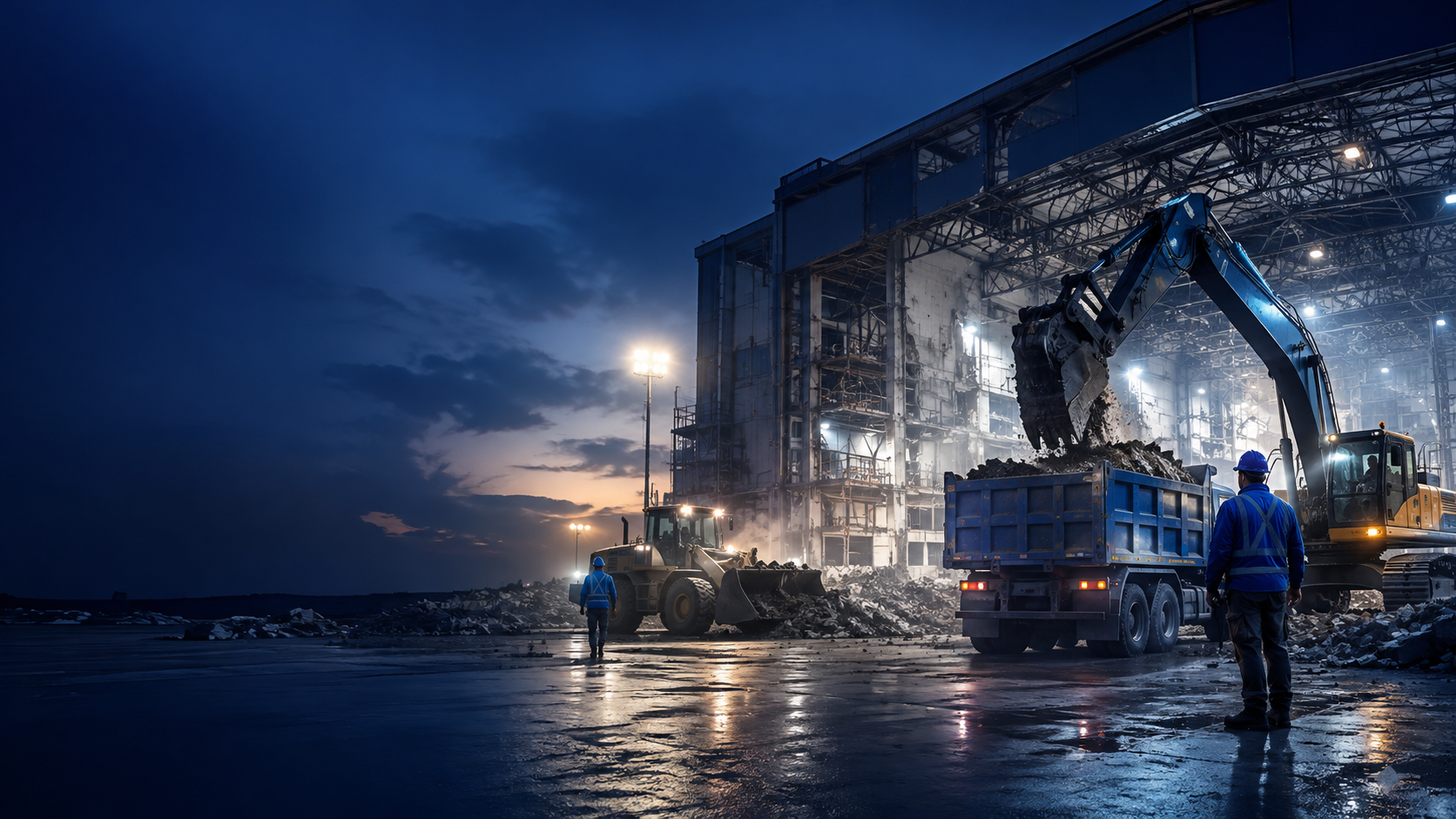Commercial demolition and industrial construction site with heavy equipment